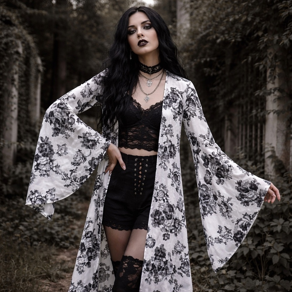 Myesper Black White Floral Kimono Duster Long SZ S/M Whimsygoth Festival EUC